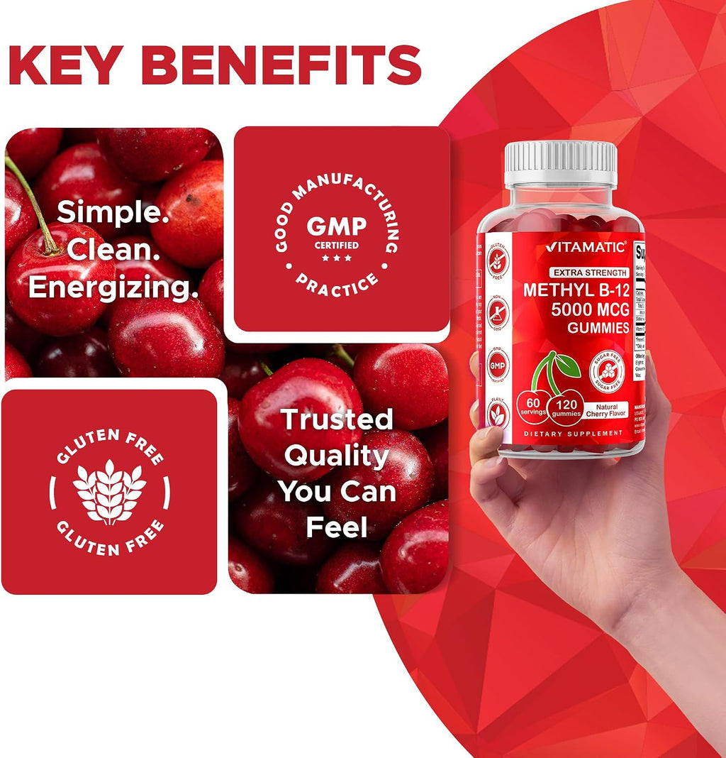 Vitamatic Vitamina B12 5000 mcg (Metilcobalamina) Gominolas - 120 unidades - Apoyo al Metabolismo Energético y Salud del Sistema Nervioso, Sabor Natural a Cereza