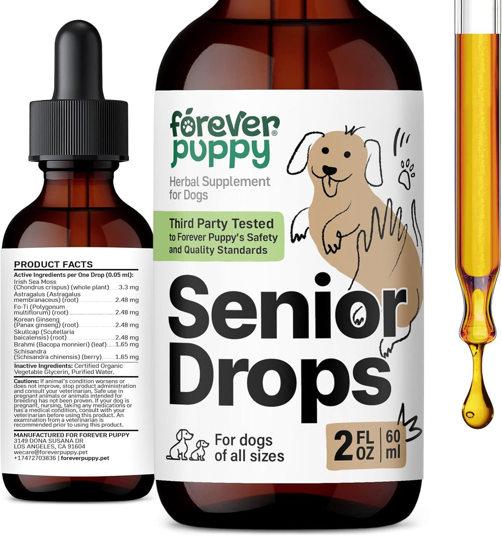 Forever Puppy Senior Dogs Drops - Complejo de apoyo inmunológico y cerebral para perros mayores de todas las razas y tamaños - Vitaminas y suplementos para mascotas mayores - Suplementos alimenticios - 59 ml