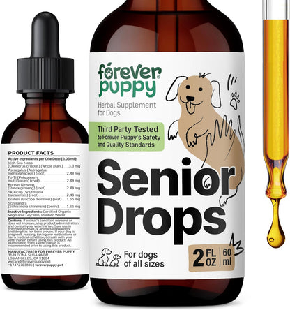 Forever Puppy Senior Dogs Drops - Complejo de apoyo inmunológico y cerebral para perros mayores de todas las razas y tamaños - Vitaminas y suplementos para mascotas mayores - Suplementos alimenticios - 59 ml