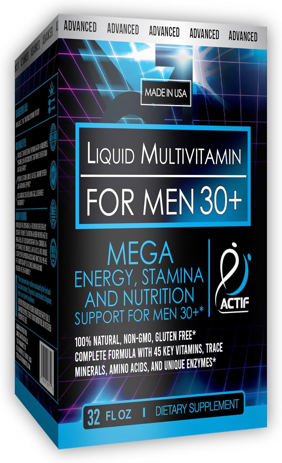 ACTIF Multivitamínico Líquido Diario para Hombres 30+ con 40 Factores Avanzados – No GMO, Hecho en EE.UU., 946 ml