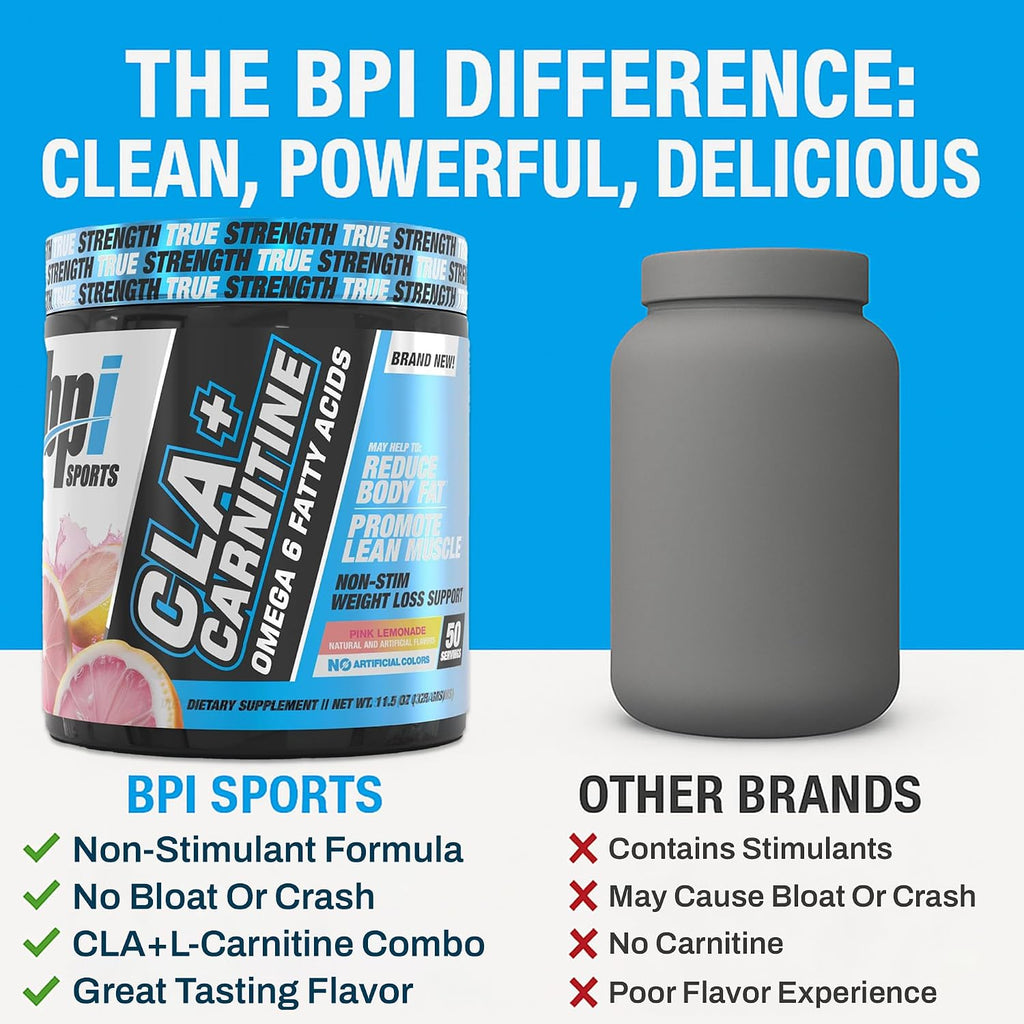 BPI Sports CLA+Carnitine – Suplemento de L-Carnitina y CLA – Sabor Limonada Rosa – 50 Dosis