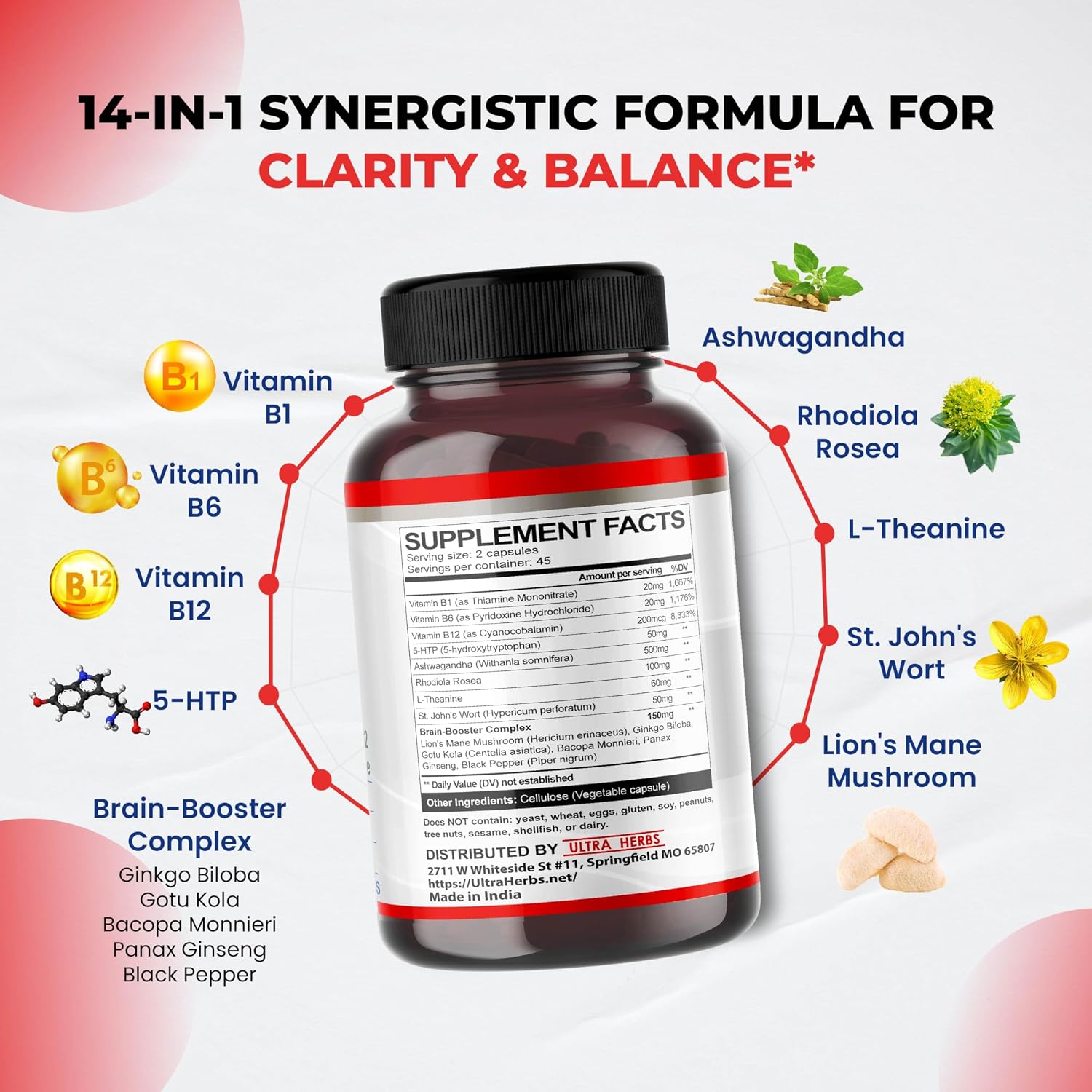 Dopamine Focus - Suplemento con Ashwagandha, 5-HTP, Rhodiola, L-Theanina y Vitaminas B