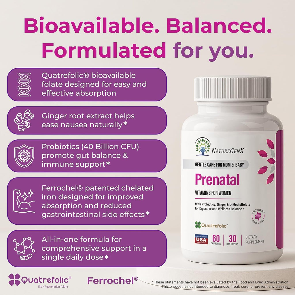 NatureGenX Methyl Prenatal con Probióticos – Vitaminas Prenatales con Hierro, Metilfolato, Jengibre y B12 Activa – 60 Cápsulas