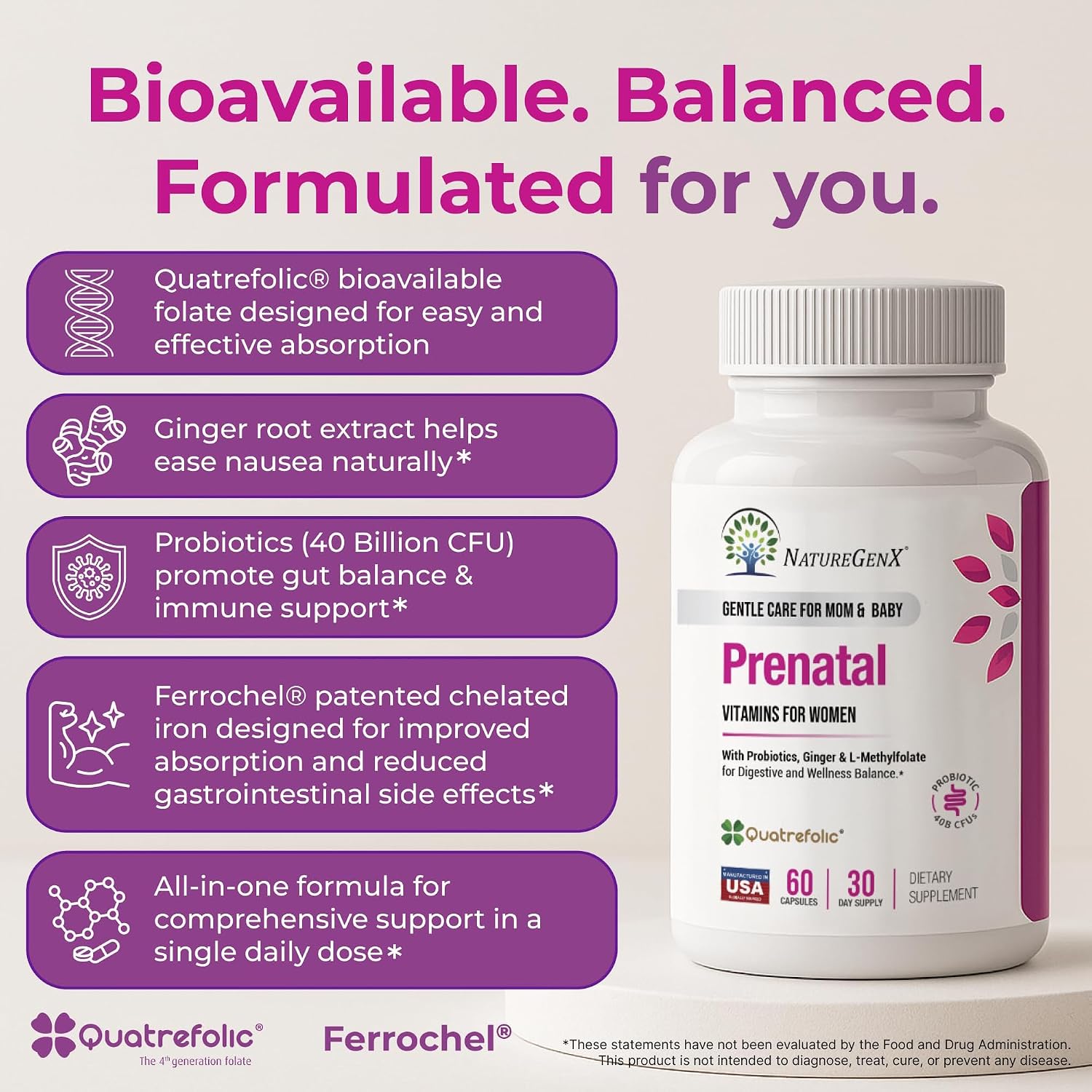 NatureGenX Methyl Prenatal con Probióticos – Vitaminas Prenatales con Hierro, Metilfolato, Jengibre y B12 Activa – 60 Cápsulas