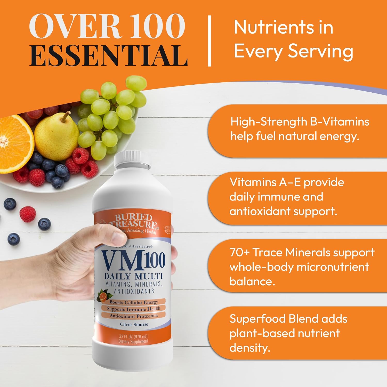 Buried Treasure VM100 Complejo Líquido Diario de Vitaminas y Minerales con Antioxidantes, Vegano, Sin Azúcar, Sabor Naranja, 32 Raciones, 946 ml
