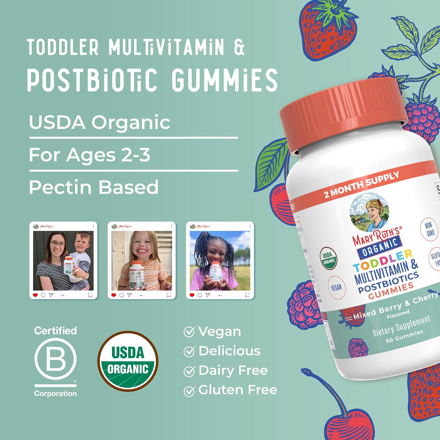 MARYRUTH'S Organics Multivitamínico Infantil + Postbióticos, 60 Gomitas