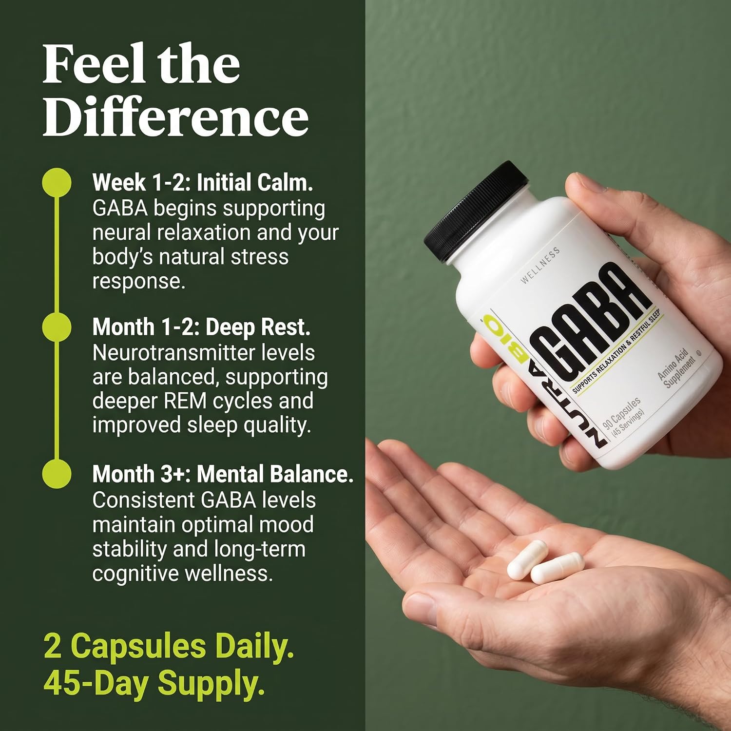 NutraBio 100% Pure GABA Supplement (Gamma-Aminobutyric Acid), 500mg - May Help with Healthy Sleep and Relaxation, 90 Capsules