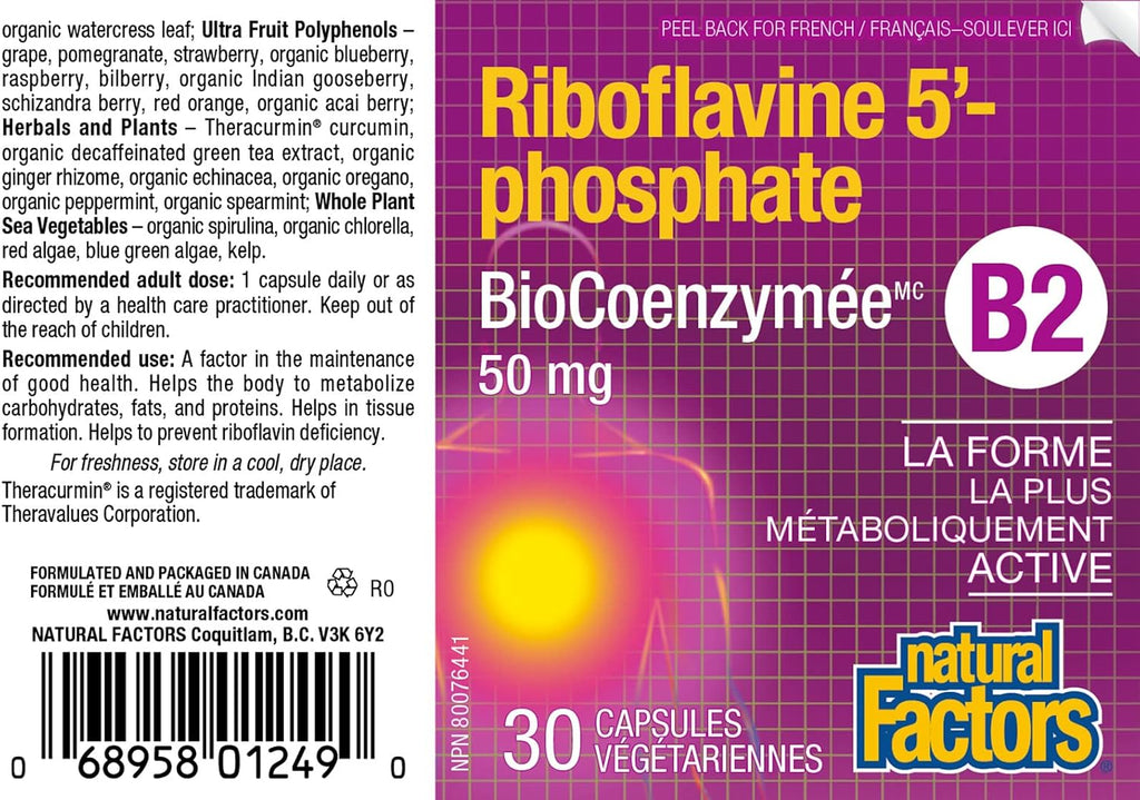 BioCoenzymated Riboflavina 5'-Fosfato 50mg, 30 Cápsulas Vegetales - Natural Factors