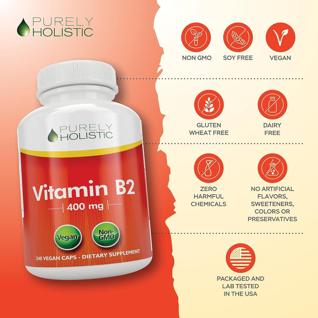Purely Holistic Vitamina B2 Riboflavina 400mg - 240 Cápsulas Veganas, Suministro para 8 Meses - Alta Potencia - No OGM y Sin Gluten - Apoya la Producción de Energía y la Salud Celular