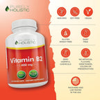 Purely Holistic Vitamina B2 Riboflavina 400mg - 240 Cápsulas Veganas, Suministro para 8 Meses - Alta Potencia - No OGM y Sin Gluten - Apoya la Producción de Energía y la Salud Celular