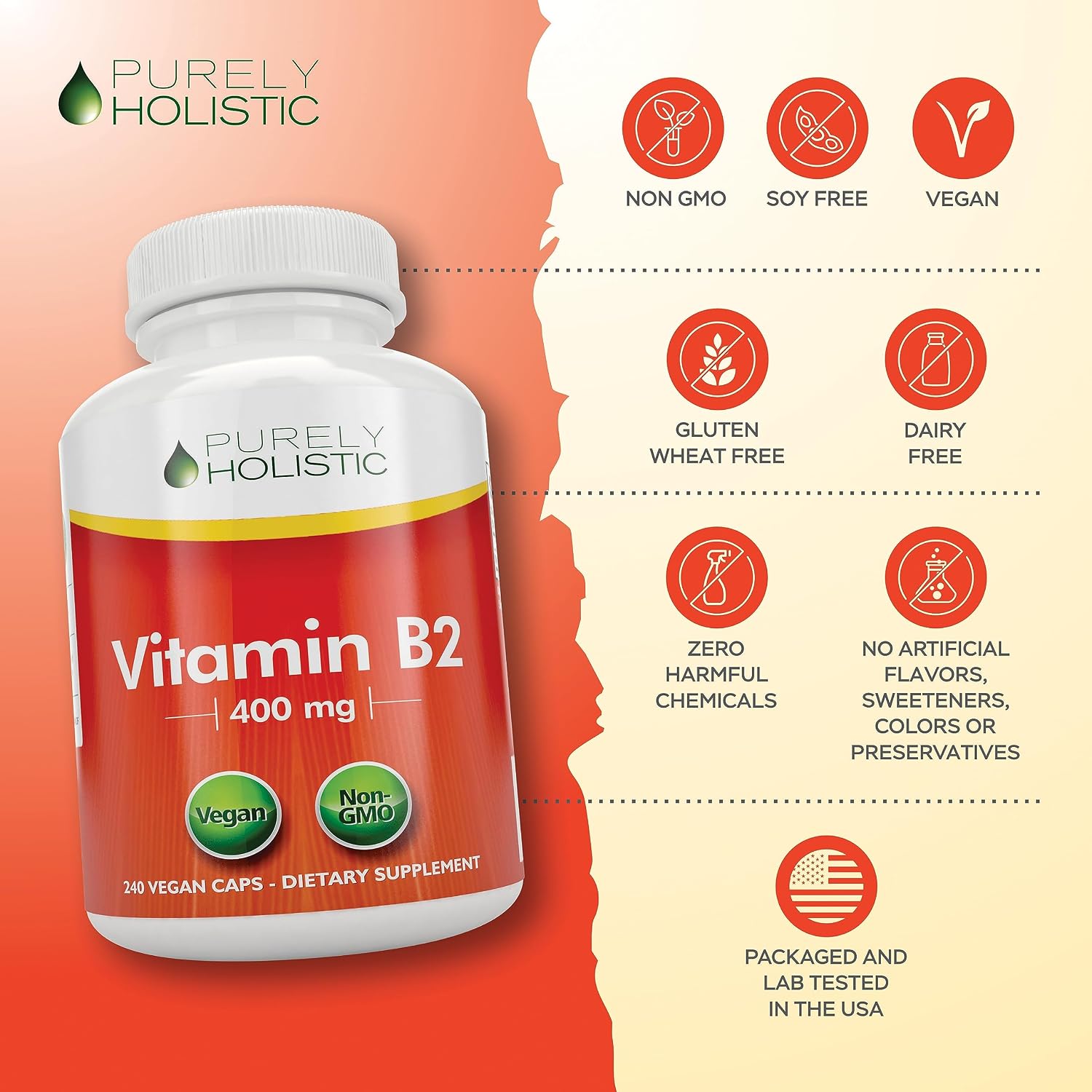 Purely Holistic Vitamina B2 Riboflavina 400mg - 240 Cápsulas Veganas, Suministro para 8 Meses - Alta Potencia - No OGM y Sin Gluten - Apoya la Producción de Energía y la Salud Celular