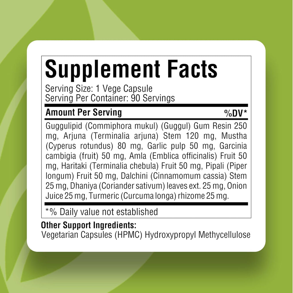 Herbsforever Apoyo para la Salud del Colesterol - Suplemento Ayurvédico para la Salud Cardiovascular con Guggulipid, Arjuna, Canela, Ajo, Cúrcuma - 90 Cápsulas Veganas (800mg)