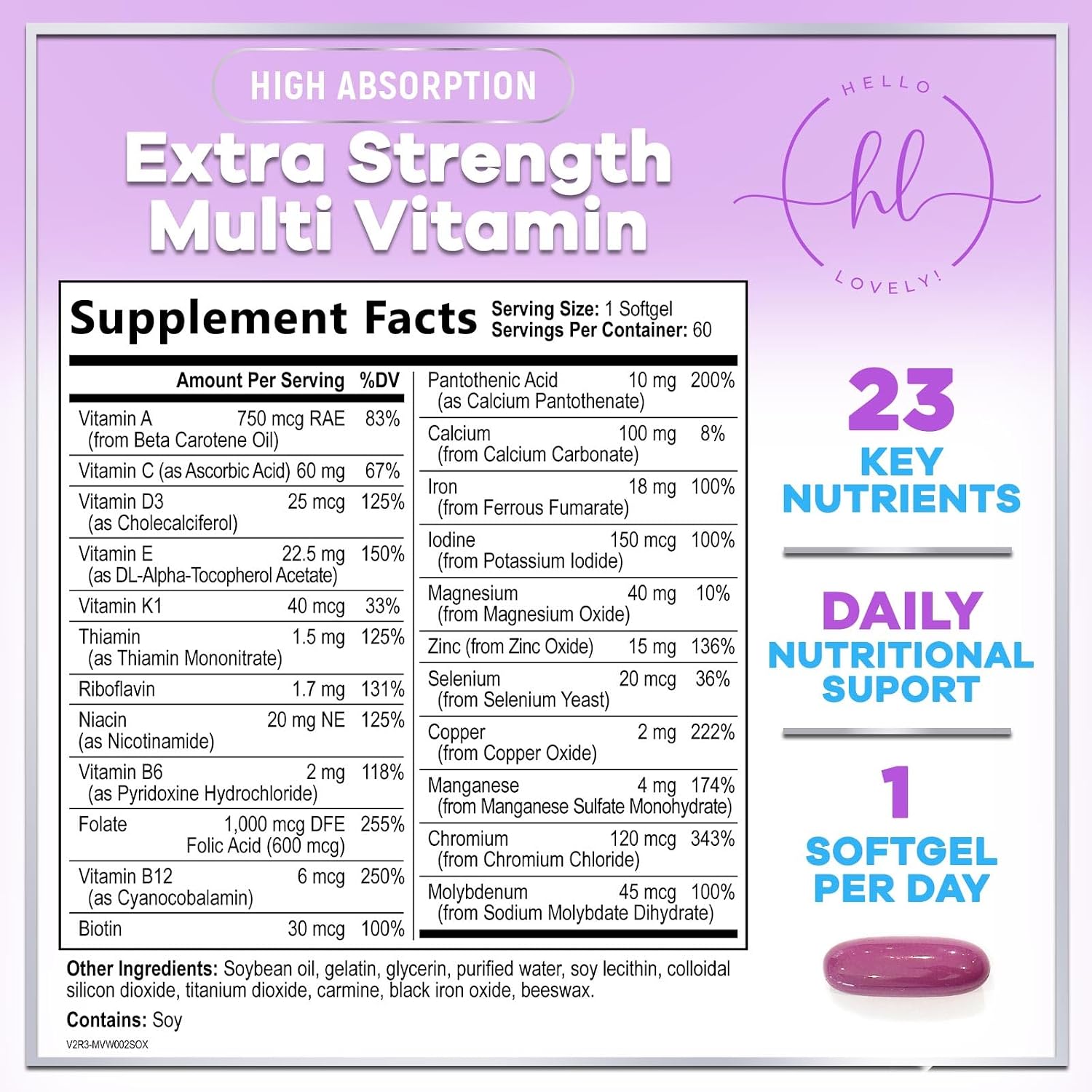 Multivitamínico para Mujeres - Completo Diario con Biotina, Calcio, Ácido Fólico, Hierro, Zinc, Vitaminas A, C, D, E y B - Suplemento para Piel, Cabello y Uñas - 60 Cápsulas Blandas