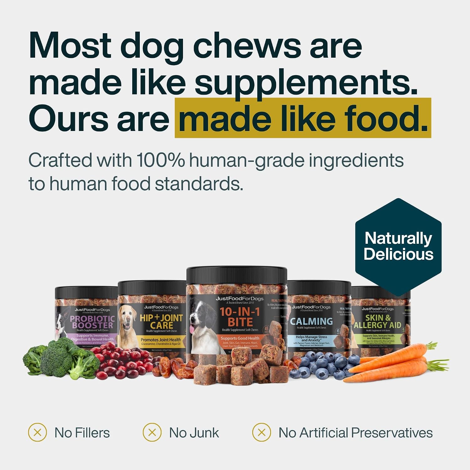 JustFoodForDogs 10-en-1 Suplemento para Perros, Masticables Multivitamínicos con Glucosamina y Condroitina, Omega 3, Superalimentos - 45 unidades