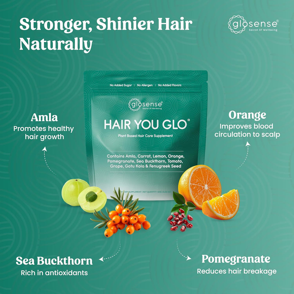 Hair You Glo – Suplemento de biotina vegetal en polvo | Cabello saludable | 30 dosis