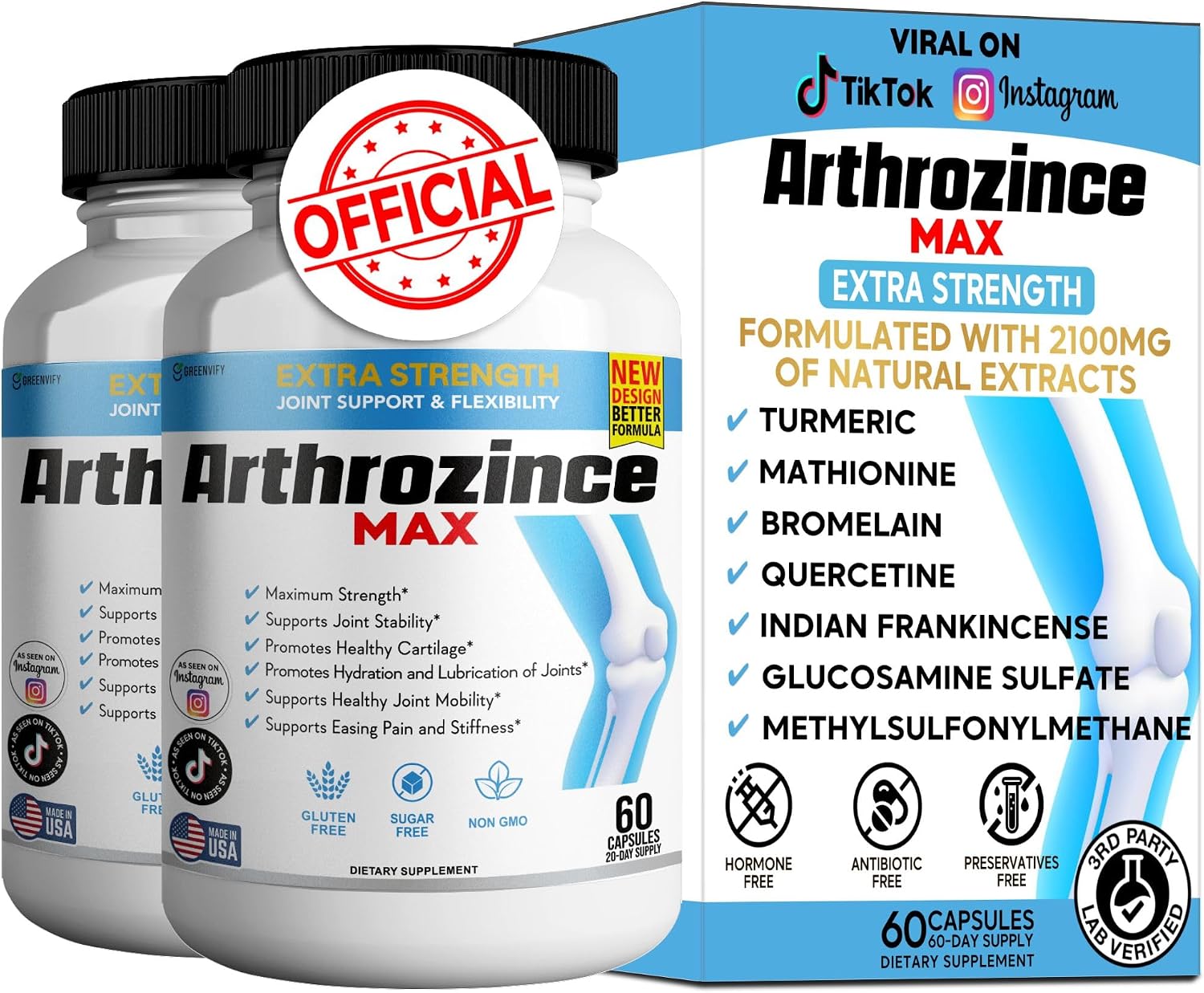 Arthrozince Max Extra Strength Joint Support – Glucosamina, Condroitina, MSM, Boswellia, Cúrcuma – 60 Cápsulas