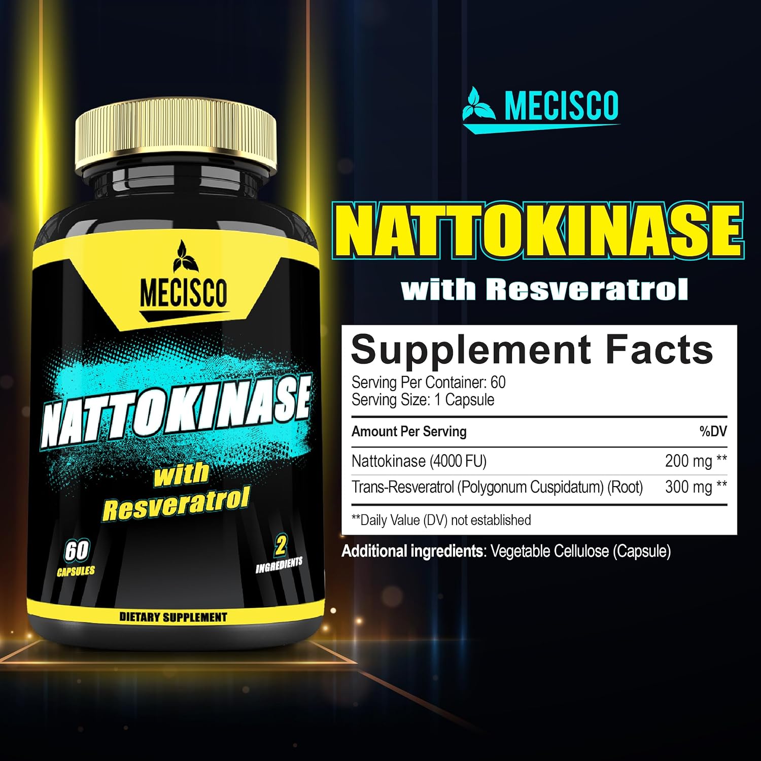 Mecisco Nattokinase con Trans-Resveratrol - 60 Cápsulas - No OGM, Sin Gluten