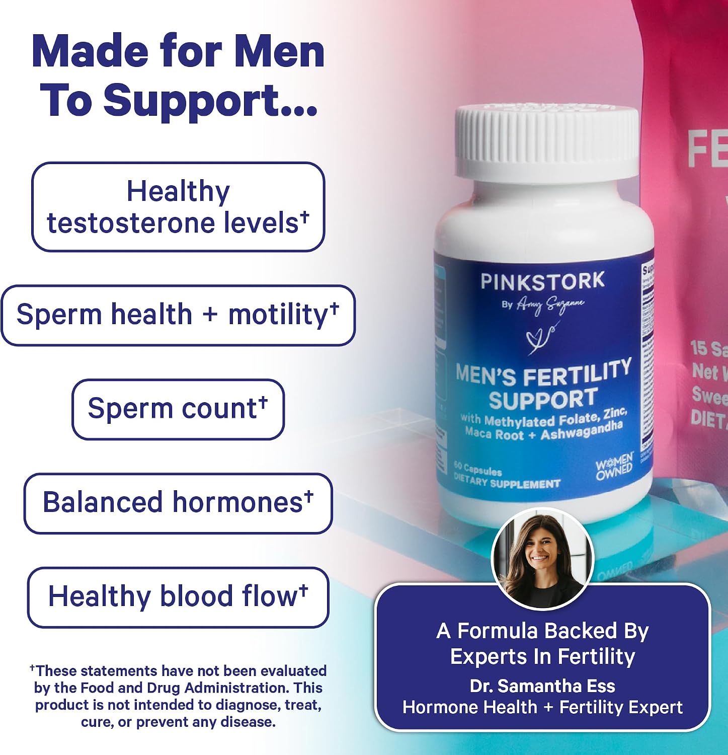Pink Stork BlueStork Apoyo a la Fertilidad Masculina - Vitaminas prenatales para hombres con Maca, Ashwagandha, Folato, B12 - 60 Cápsulas