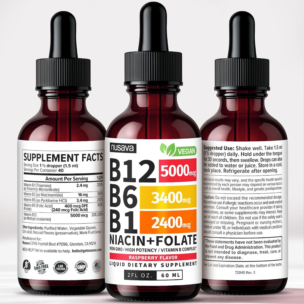 NUSAVA (Pack de 4) Gotas Líquidas de Vitamina B12 5000 mcg - Complejo B con B6 y B1 - Metilcobalamina - Sabor Frambuesa - Vegano, Sin Gluten (2 Fl Oz, 160 Dosis)