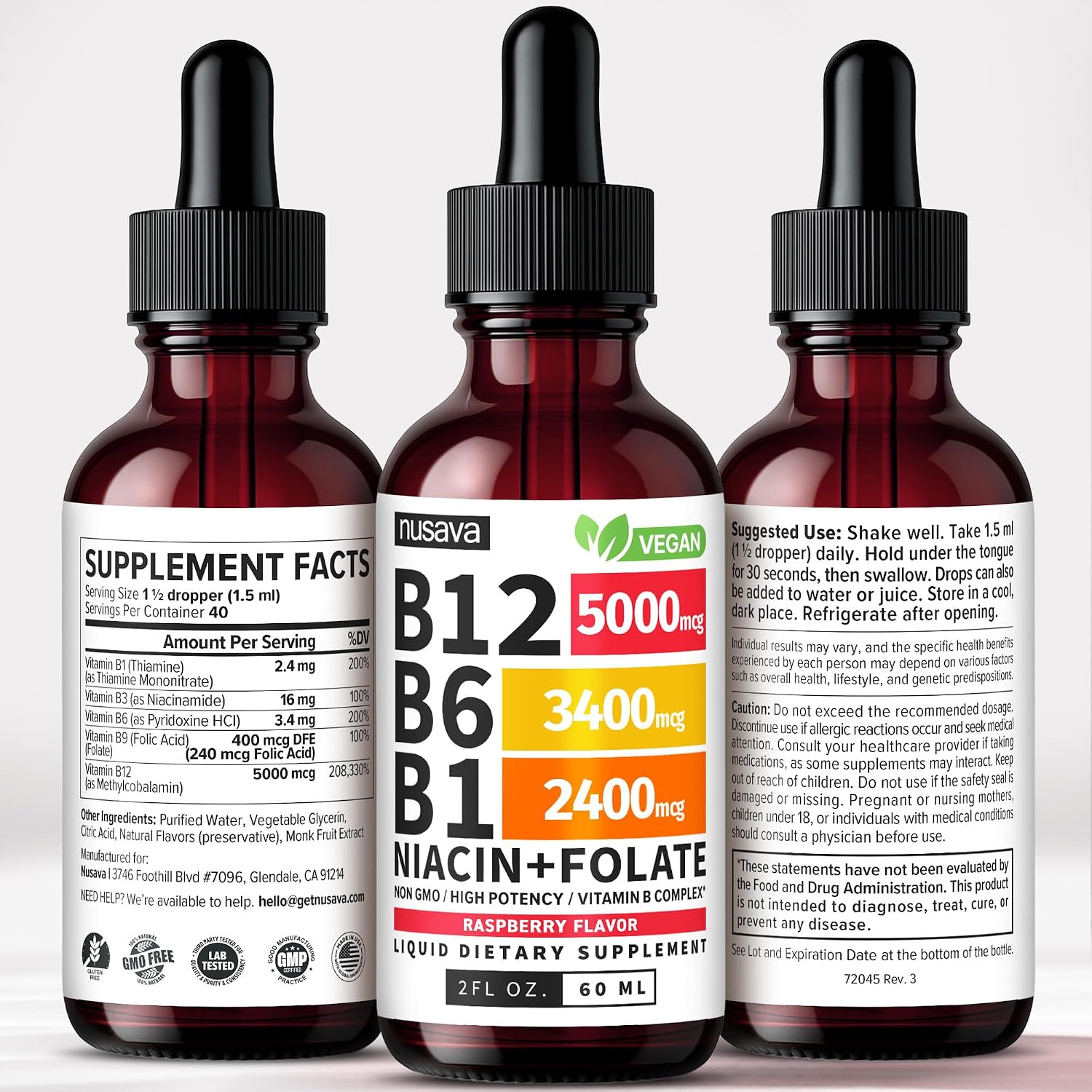 NUSAVA (Pack de 4) Gotas Líquidas de Vitamina B12 5000 mcg - Complejo B con B6 y B1 - Metilcobalamina - Sabor Frambuesa - Vegano, Sin Gluten (2 Fl Oz, 160 Dosis)