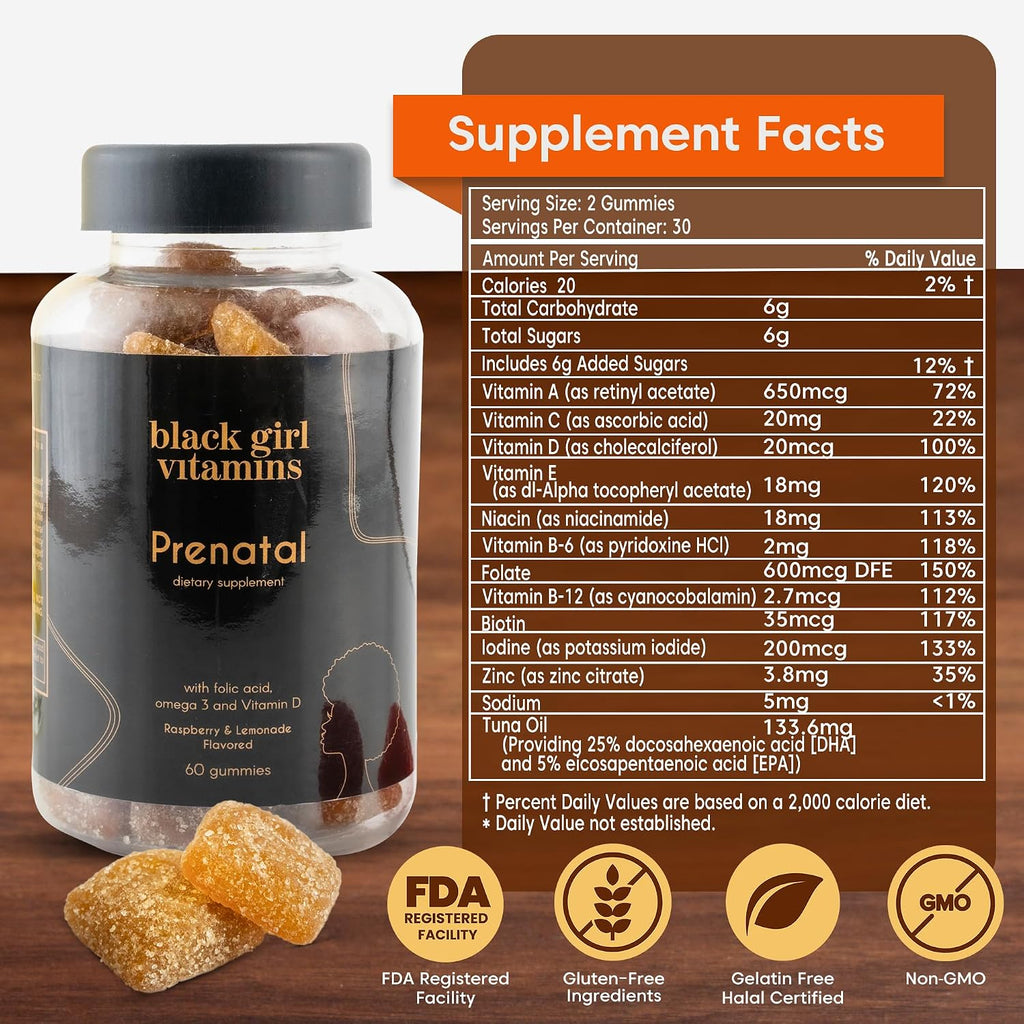 Black Girl Vitamins - Gominolas Prenatales para Mujeres con Folato, Sin Gluten, Sabor Frambuesa-Limonada, 60 uds
