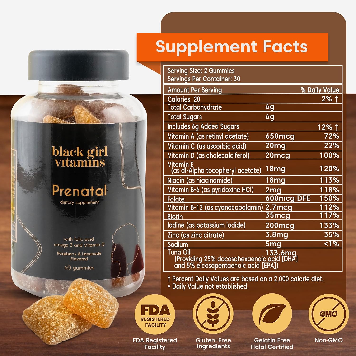 Black Girl Vitamins - Gominolas Prenatales para Mujeres con Folato, Sin Gluten, Sabor Frambuesa-Limonada, 60 uds