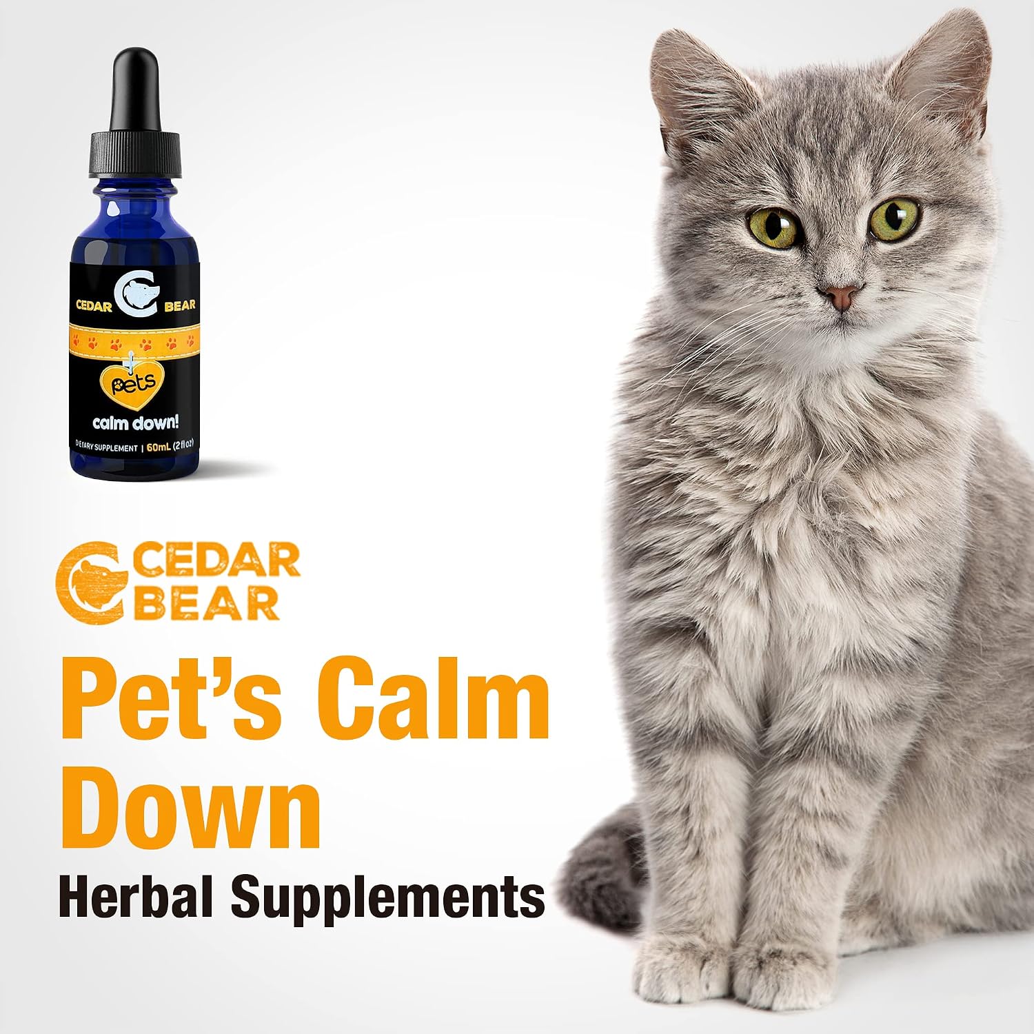 Cedar Bear Pet's Calm Down - Suplemento Herbal Natural para Alivio del Estrés en Gatos, Perros, Aves y Mascotas Exóticas, 60 ml