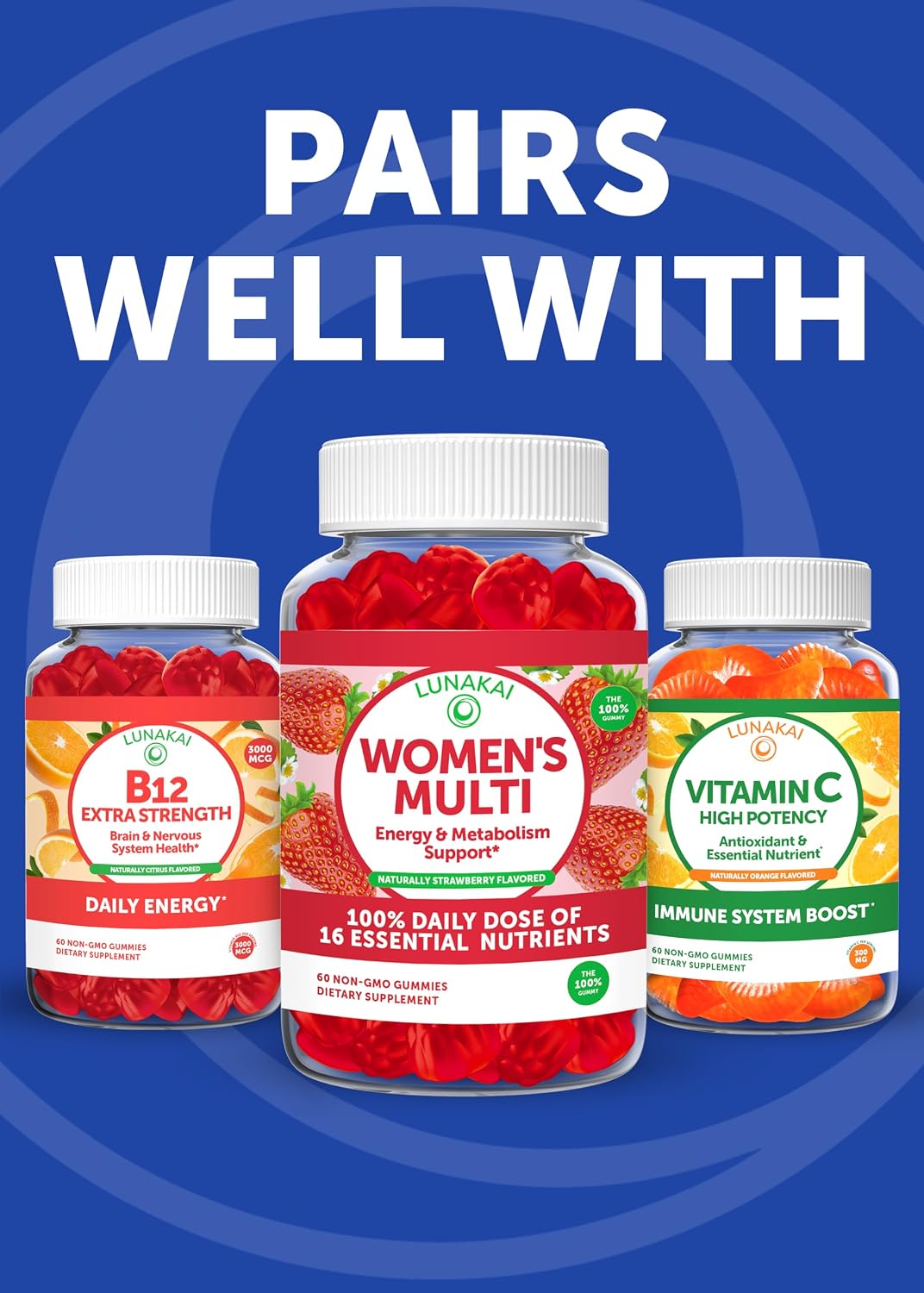 Lunakai Gomitas de Vitamina B12 Veganas – 3000 mcg – Hecho en EE. UU. – 60 unidades