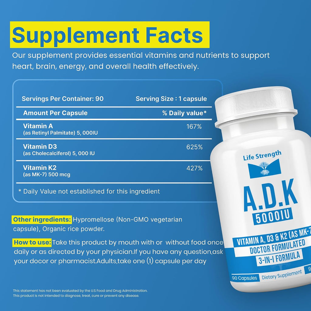 LifeStrength ADK 5 - Suplemento de Vitaminas A, D3 5000 UI y K2 MK-7, 90 Cápsulas