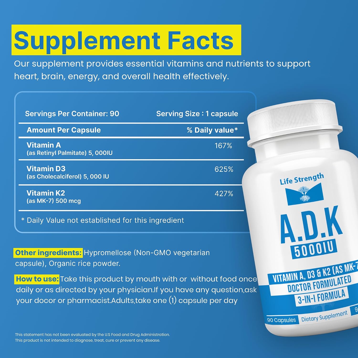 LifeStrength ADK Suplemento (90 comprimidos, Pack de 2) - Vitaminas A, D3 y K2 MK-7 para Huesos e Inmunidad