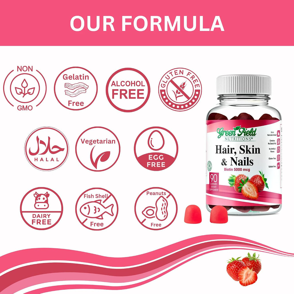 Greenfield Nutritions – Gominolas Halal de Biotina 5000 μg para Cabello, Piel y Uñas (90 Gominolas)