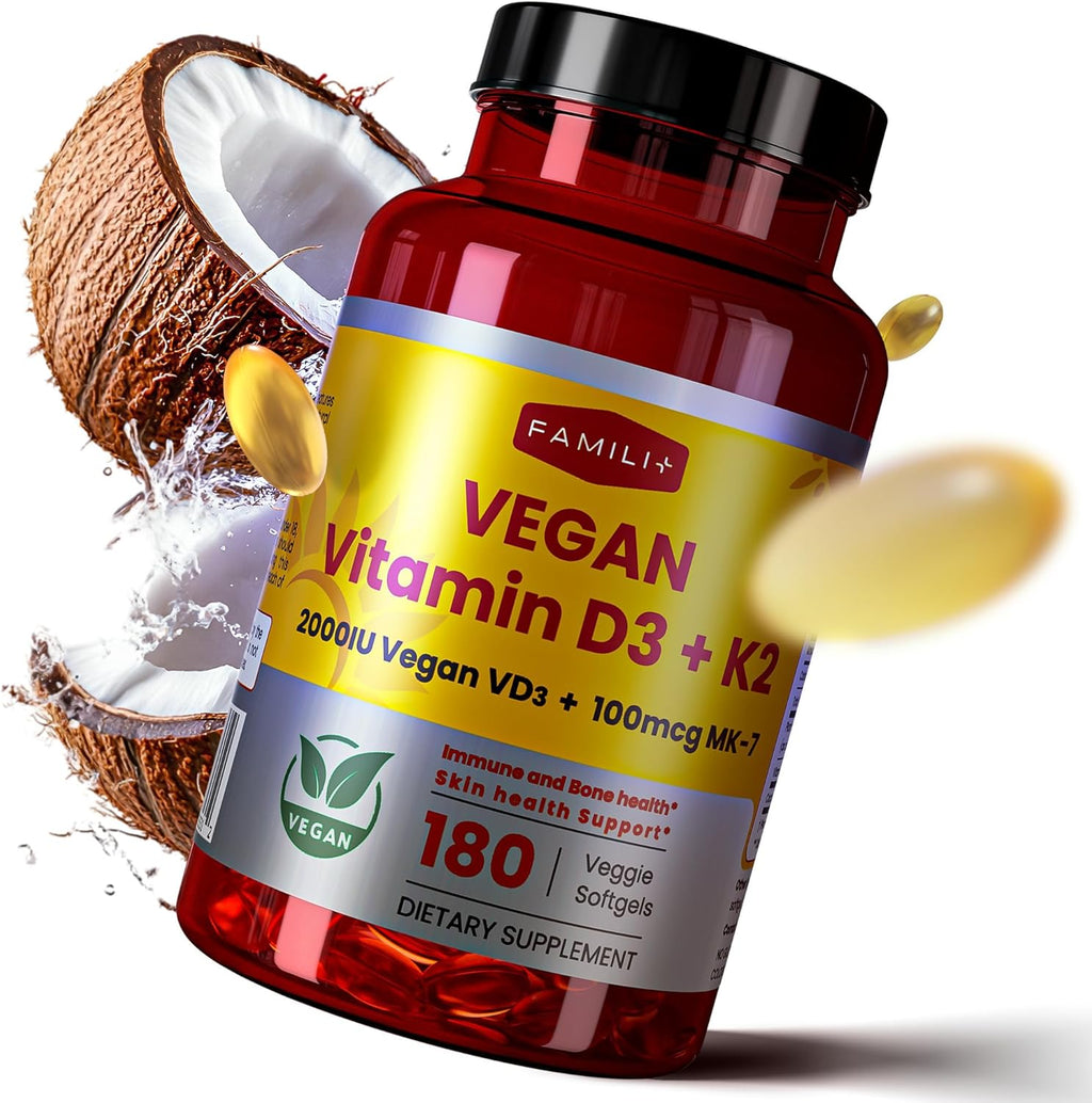 FAMILI+ Vitamina D3+K2 Vegano, 2000 UI D3 + 100 mcg K2 MK-7, 180 Cápsulas Blandas Vegetales
