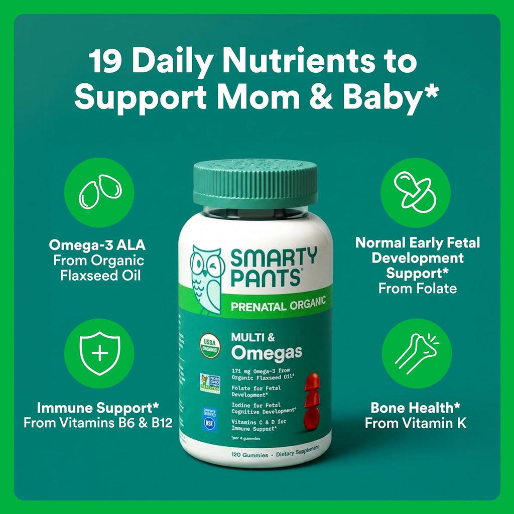 SmartyPants Vitaminas Prenatales Orgánicas para Mujeres, Gominolas Multivitamínicas: Biotina, Metilfolato, Omega 3 (ALA), Vitamina D3, C, Vitamina B12, B6, A, K2 y Zinc, Colina, Vegetariano, 120 unidades (Suministro para 30 días)