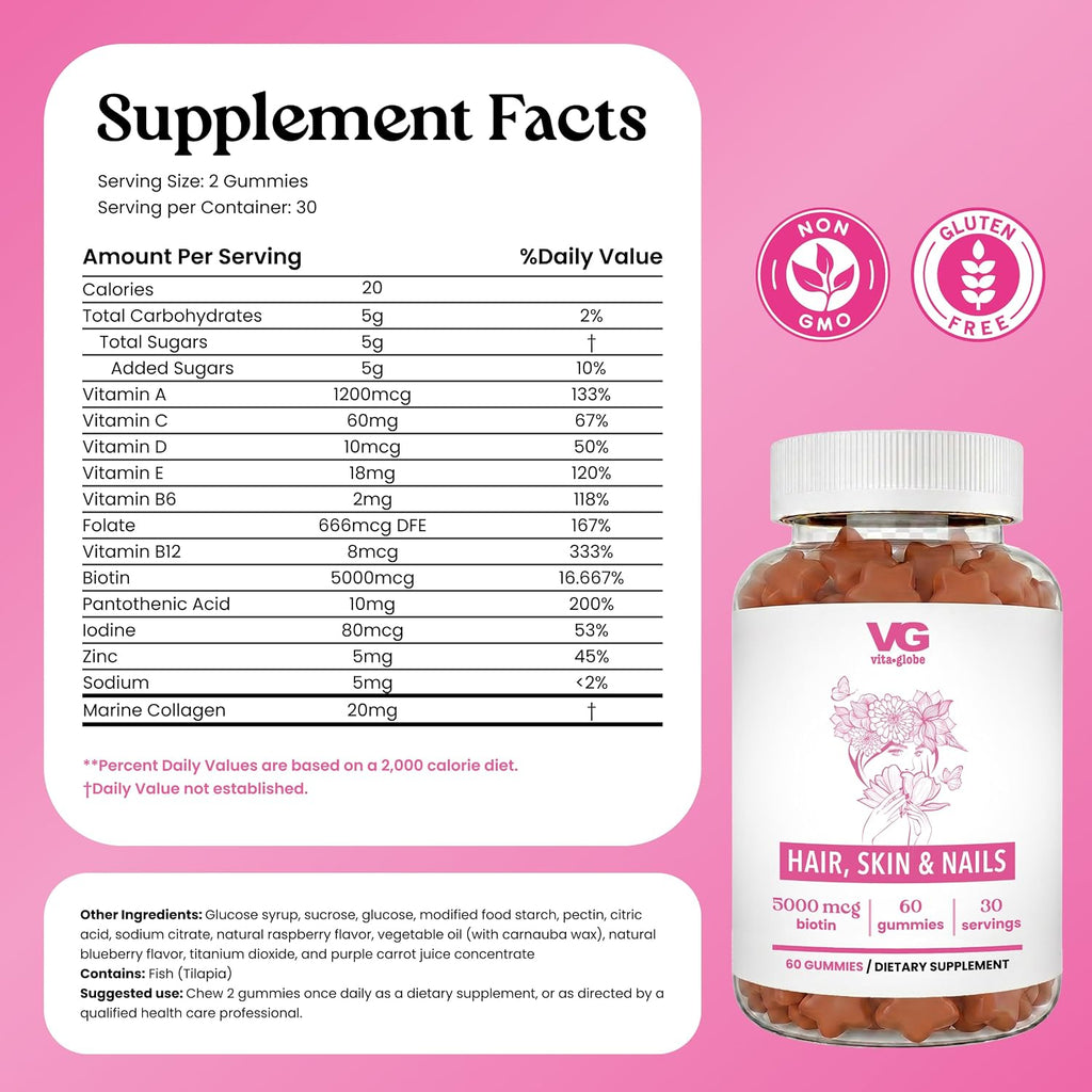 VITA GLOBE Hair, Skin & Nails + Collagen Gummies – 20mg con Vitaminas A, C, D, E, B6 y Biotina, Suplemento de Belleza y Bienestar para el Cabello, Piel y Uñas, 60 Gominolas (Envase de 1)