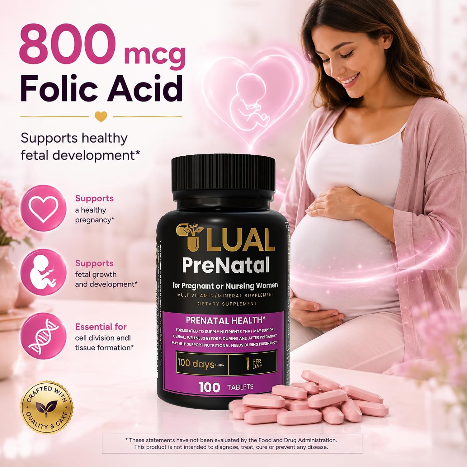 LUAL Multivitamínico Prenatal con Ácido Fólico y Hierro | 100 Comprimidos