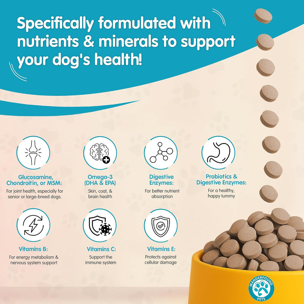 Wanderfound Pets 10-en-1 Multivitamínico para Perros con Glucosamina, D3 y MSM, Sabor Hígado, 60 Comprimidos