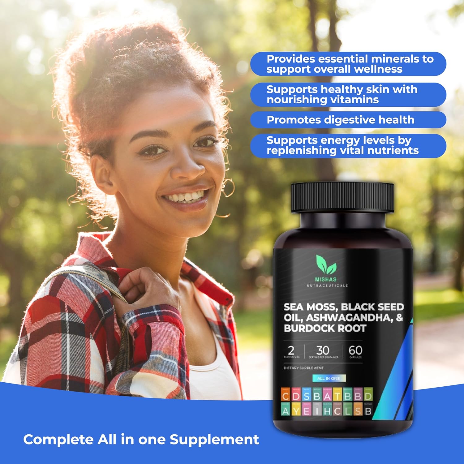 Mishas Nutraceuticals Sea Moss Blend 15 en 1 - Cápsulas de Musgo Marino y Hierbas