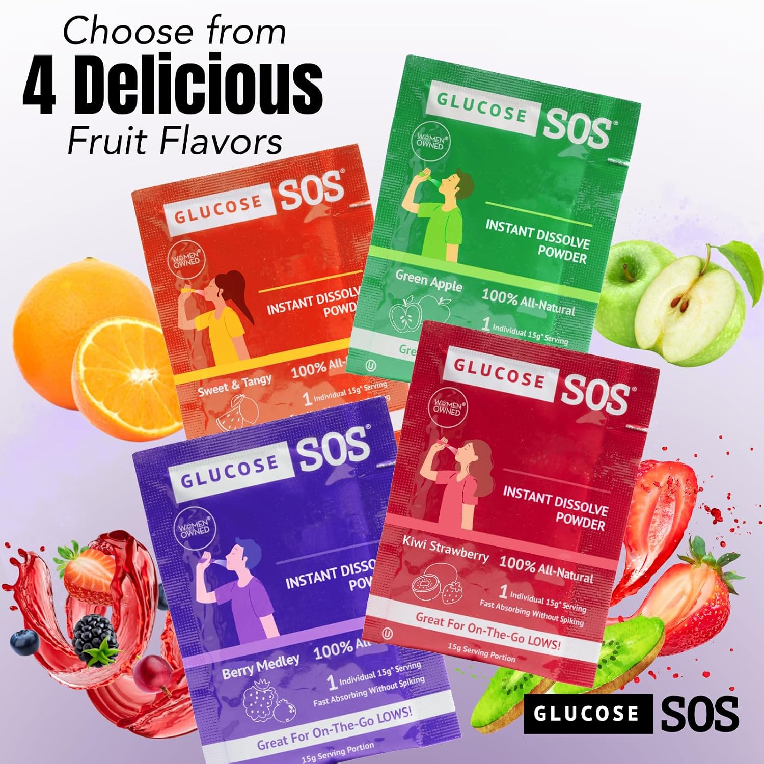 Glucose SOS Polvo de Glucosa en Sobres con Dextrosa Natural, Absorción Rápida que se Disuelve Instantáneamente en la Boca sin Agua, Manzana Verde, 12 unidades
