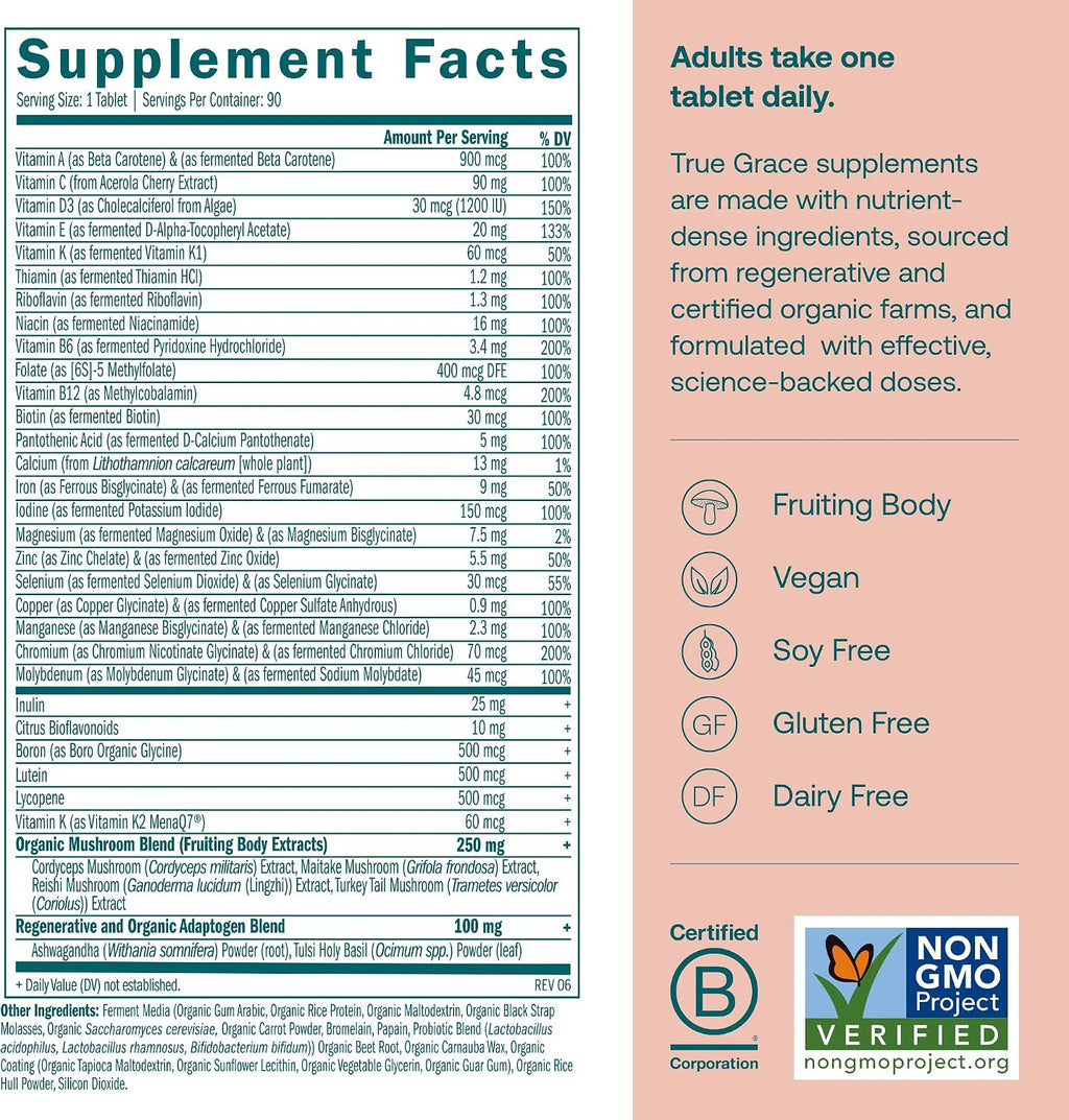 True Grace One Daily Women’s Multivitamin - Multivitamínico Diario para Mujeres con Minerales Fermentados, Adaptógenos y Hongos Orgánicos - 90 Comprimidos Veganos
