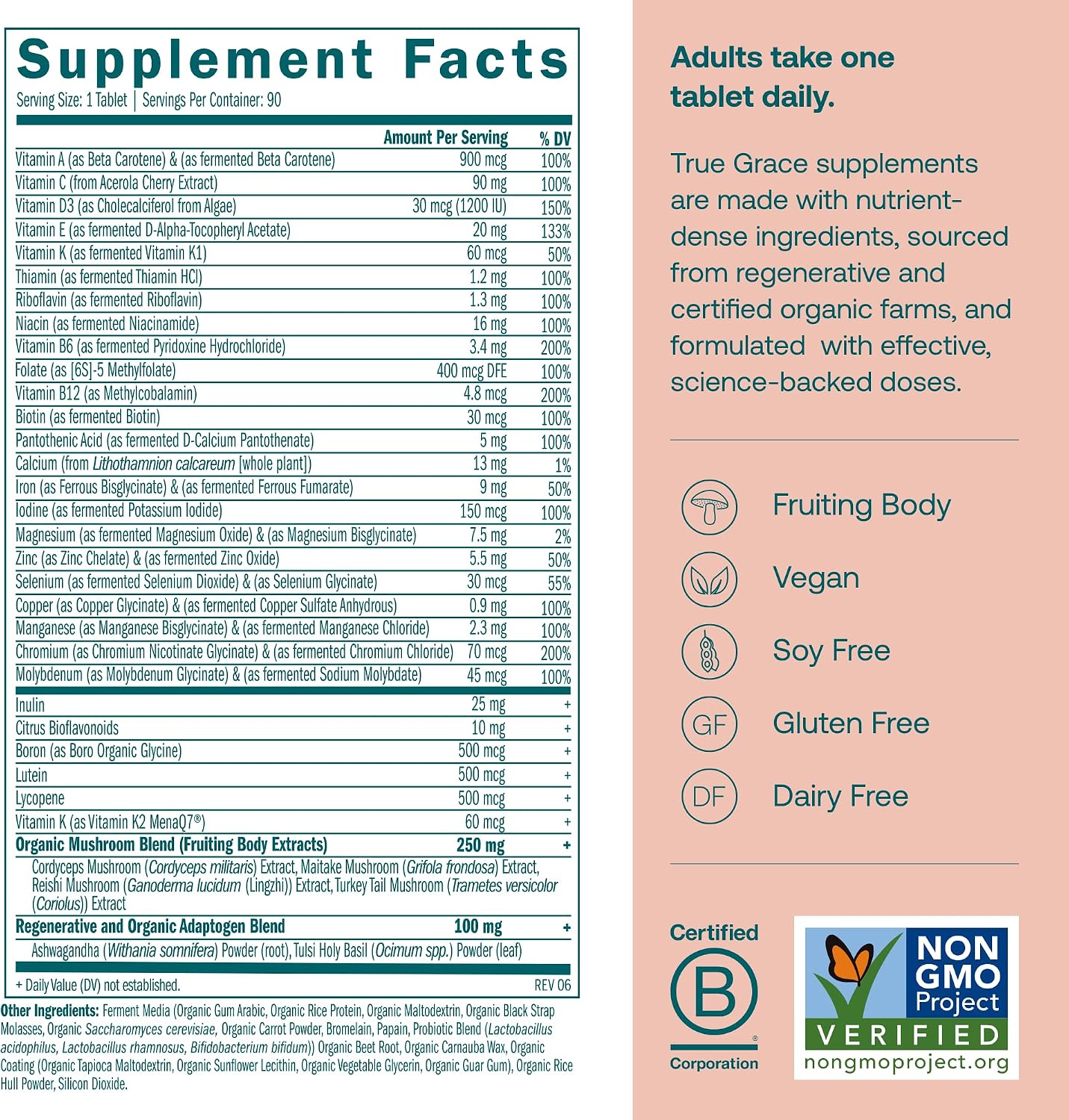 True Grace One Daily Women’s Multivitamin - Multivitamínico Diario para Mujeres con Minerales Fermentados, Adaptógenos y Hongos Orgánicos - 90 Comprimidos Veganos