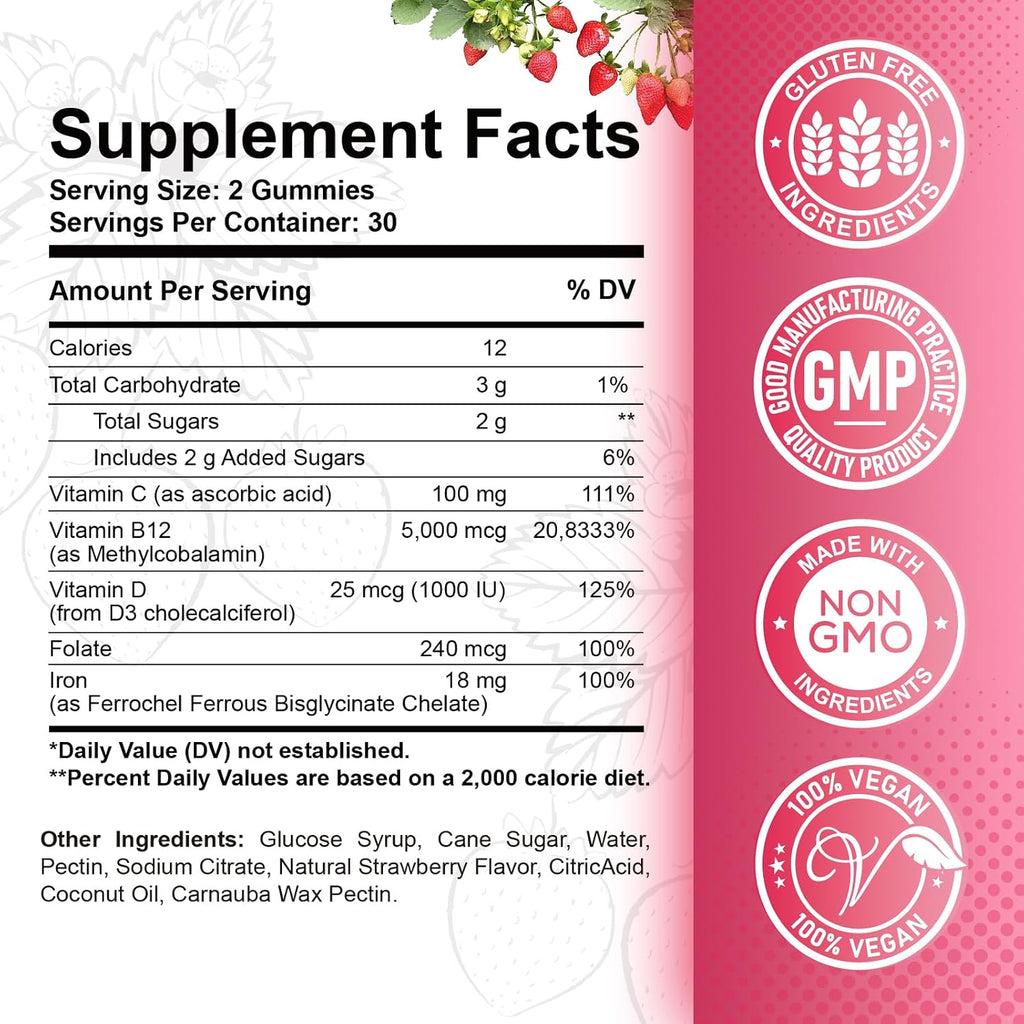 Vitamin B12 Gummies 5000 mcg con Hierro, Vitamina C, D3 y Folato - Complemento Alimenticio en Gominolas Sabor Fresa