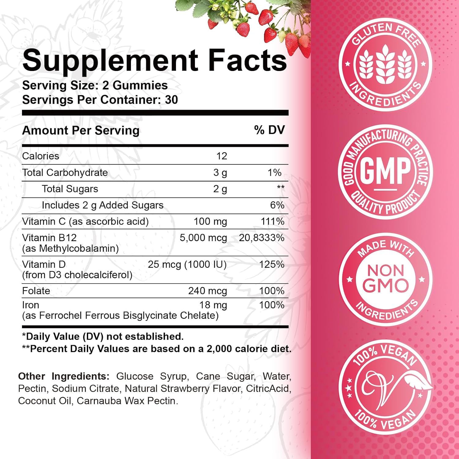 Vitamin B12 Gummies 5000 mcg con Hierro, Vitamina C, D3 y Folato - Complemento Alimenticio en Gominolas Sabor Fresa