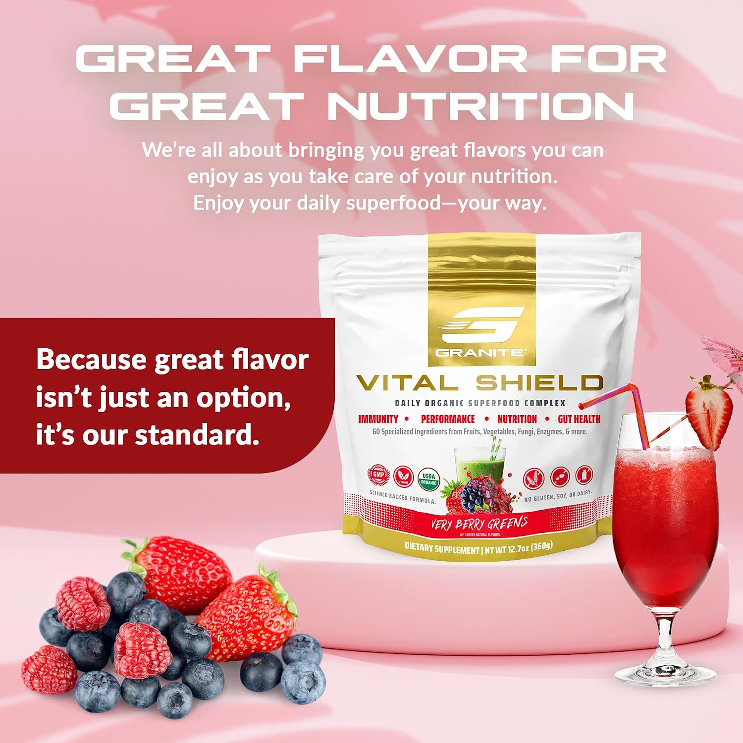 Vital Shield Superfood Greens - Mezcla Orgánica con Champiñones y Cereza Ácida - Muy Berry (30 porciones)
