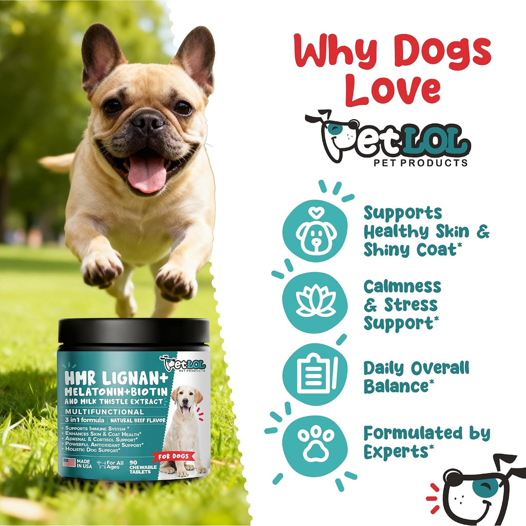 HMR Lignan + Melatonina + Biotina + Cardo Mariano para Perros | Fórmula 4 en 1 | Apoyo Adrenal y Niveles Normales de Cortisol | Salud de Piel, Pelaje y Digestiva | 90 Comprimidos Masticables | Sabor Natural a Carne