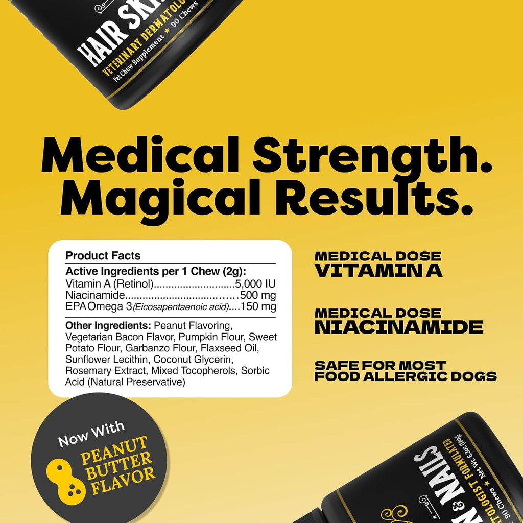 Suplemento Médico para Piel, Pelo y Uñas de Perros | Vitamina A, Niacinamida y EPA Omega 3 | 90 Masticables