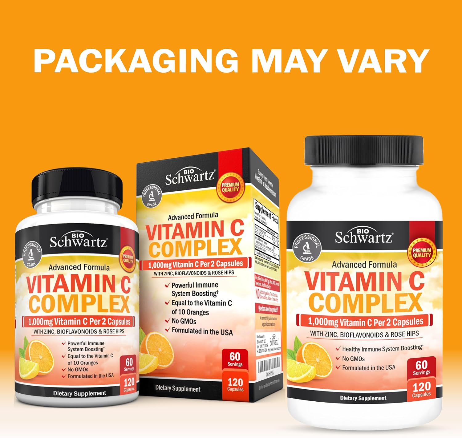 BioSchwartz Complejo de Vitamina C - 1000 mg con Escaramujo, Zinc y Bioflavonoides Cítricos, 120 Cápsulas