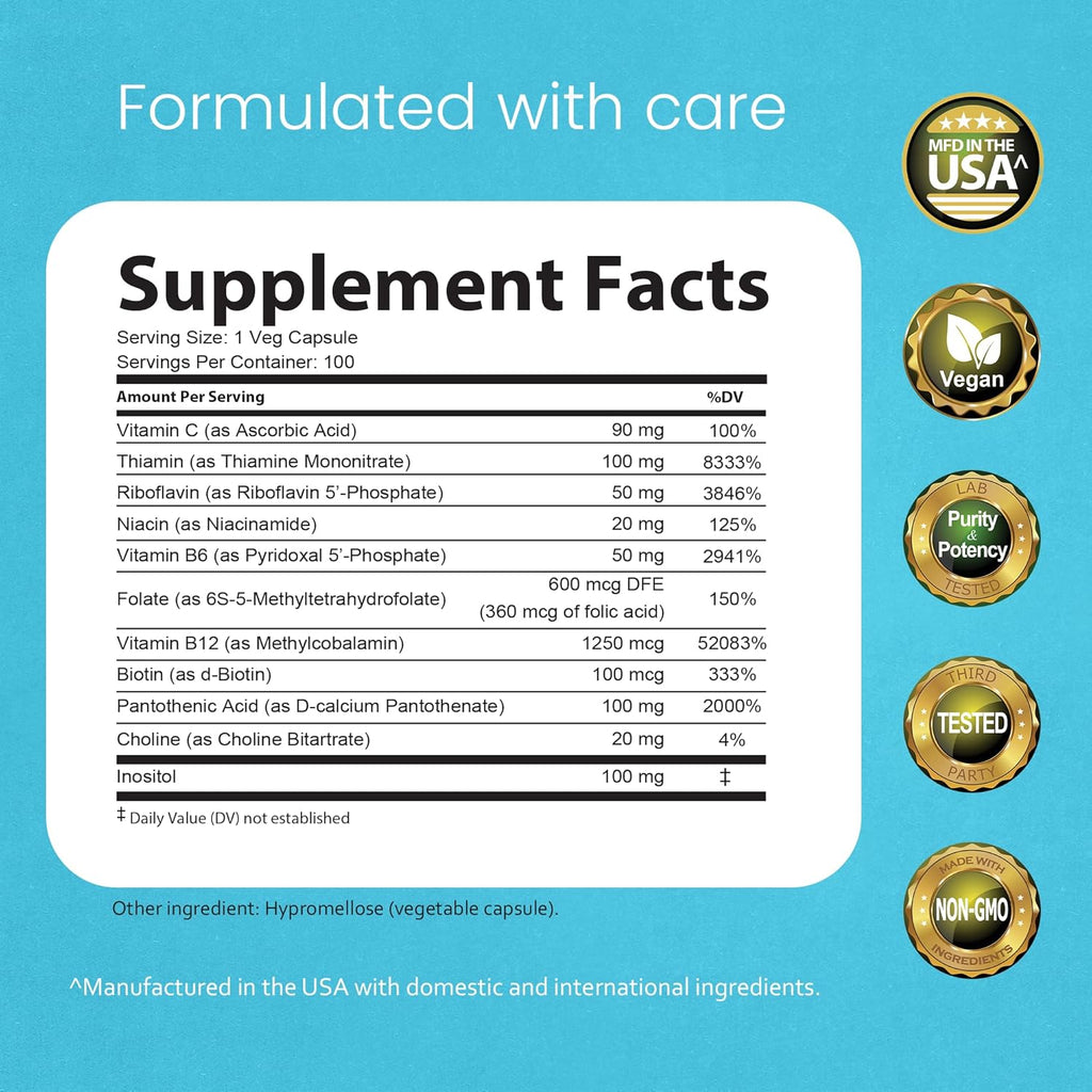 NaturaLife Labs Complejo B – Todas las Vitaminas B con B2, B6, B9 y B12 (Metilcobalamina) Activas, más B1, B3, B5, B7 y Vitamina C – 100 Cápsulas