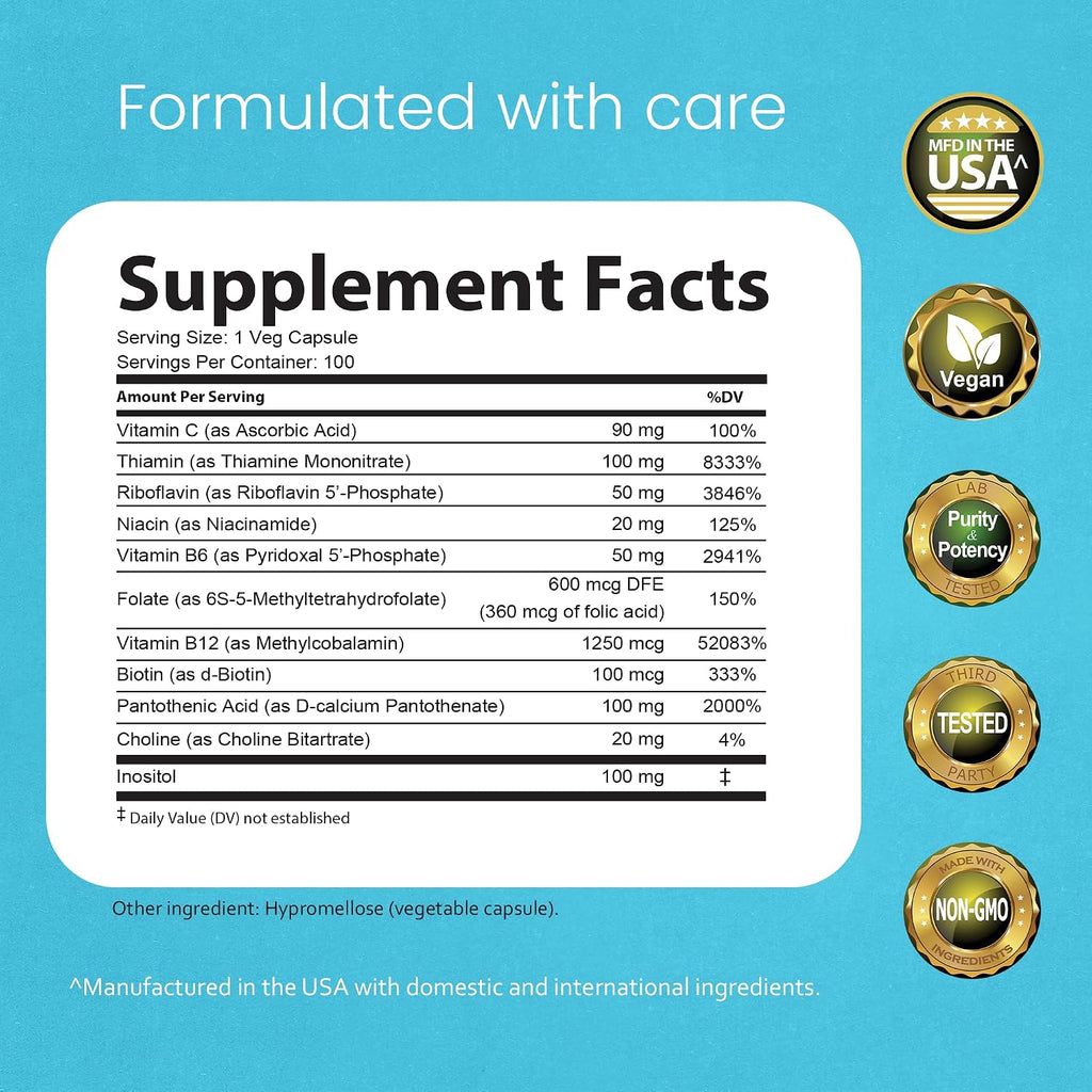 Complejo B con Vitaminas Activas B2, B6, B9 y B12 (Metilcobalamina) + Vitamina C - 100 Cápsulas - NaturaLife Labs