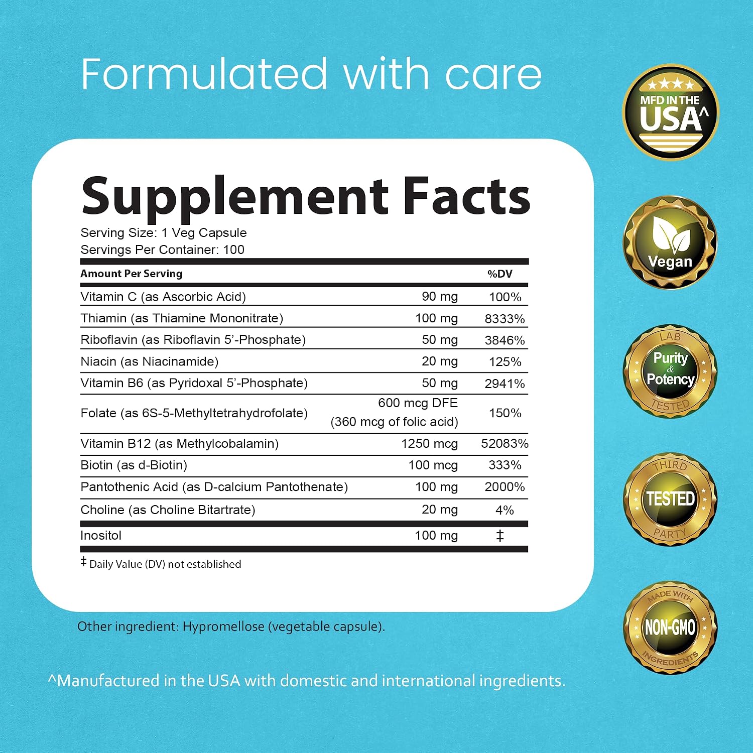 Complejo B con Vitaminas Activas B2, B6, B9 y B12 (Metilcobalamina) + Vitamina C - 100 Cápsulas - NaturaLife Labs