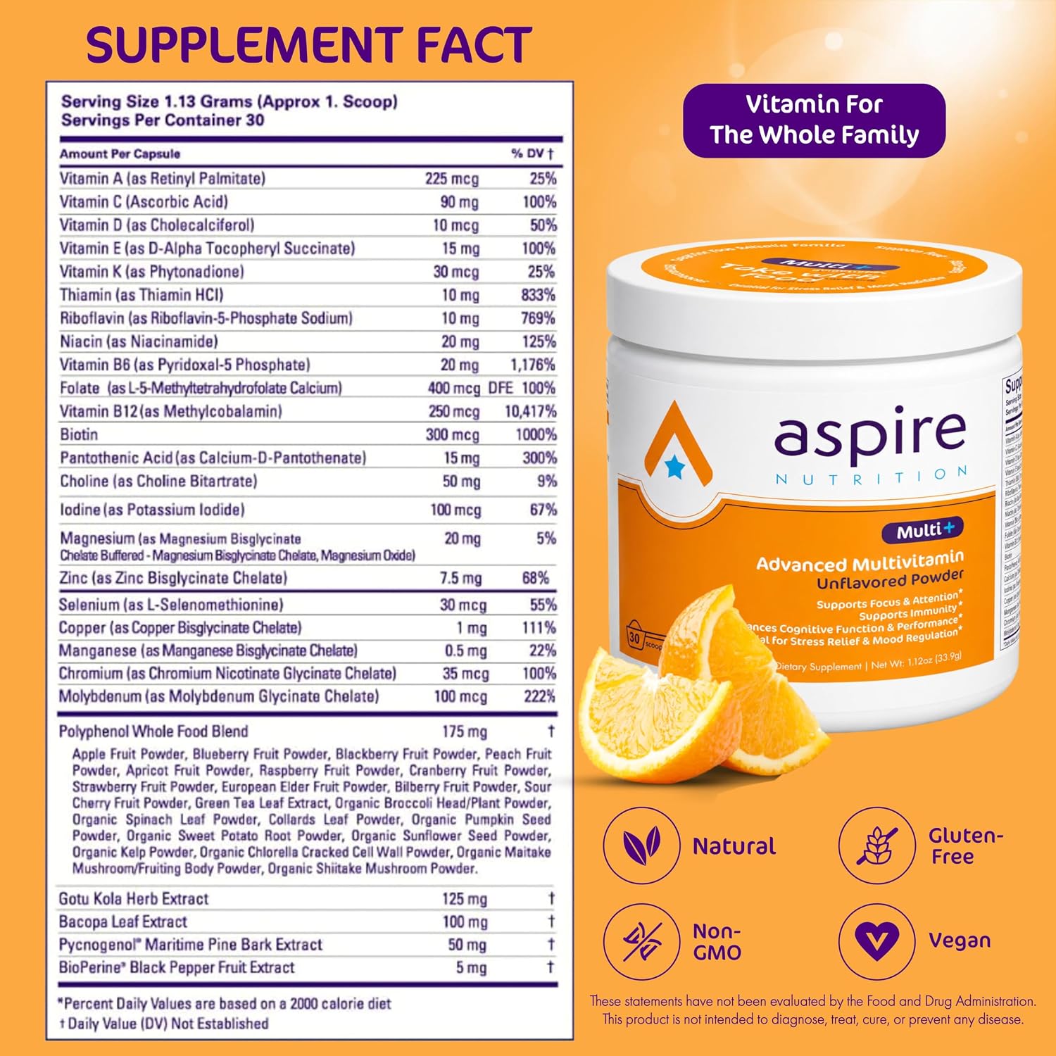 Aspire Multi+™ Advanced Multivitamin for Kids, Men & Women (unflavored Powder)